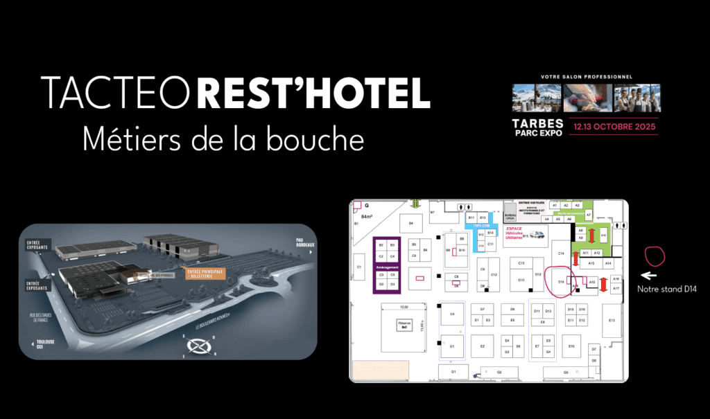 Tacteo présent au Salon Rest’Hotel – Métiers de la bouche à Tarbes
Nous avons le plaisir de vous annoncer notre participation au Salon Rest’Hotel – Métiers de la bouche à Tarbes, les 12 et 13 octobre 2025.