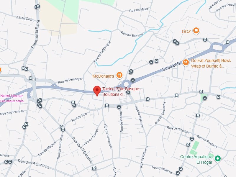 Plan d'Accès Tacteo Côte Basque Anglet - Localisation Carte Google Maps de Tacteo Côte Basque à Anglet, située près du McDonald's et du Boulevard du BAB avec arrêts de bus.